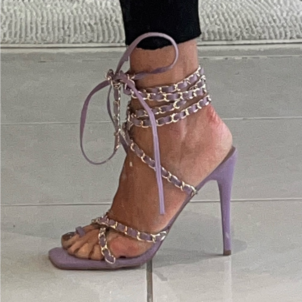 Lavender, Chain, Lace Up, Sandals